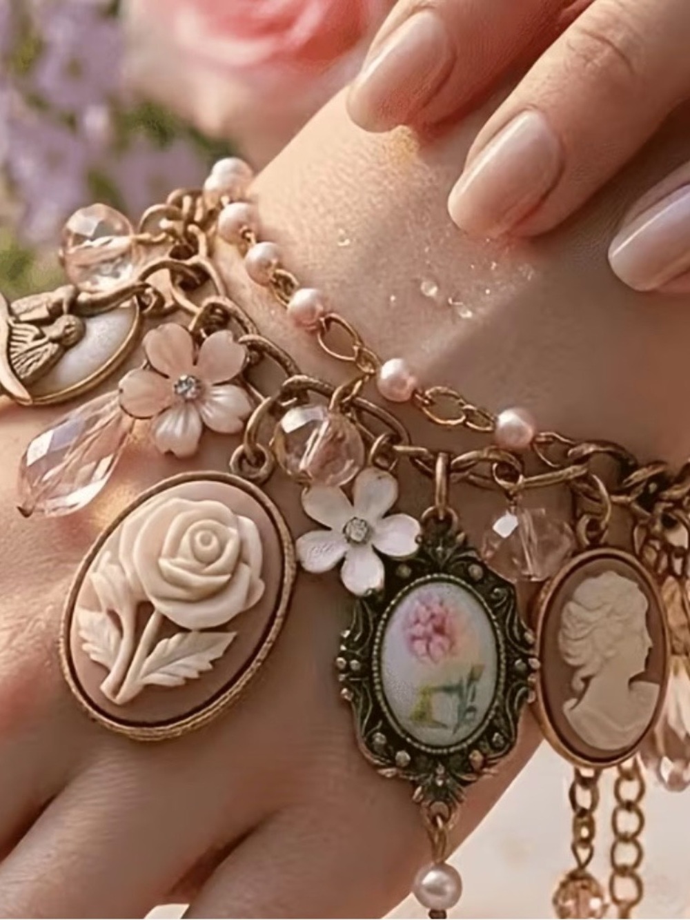 Romantic Pink Cameo Charm Bracelet with Floral Accents